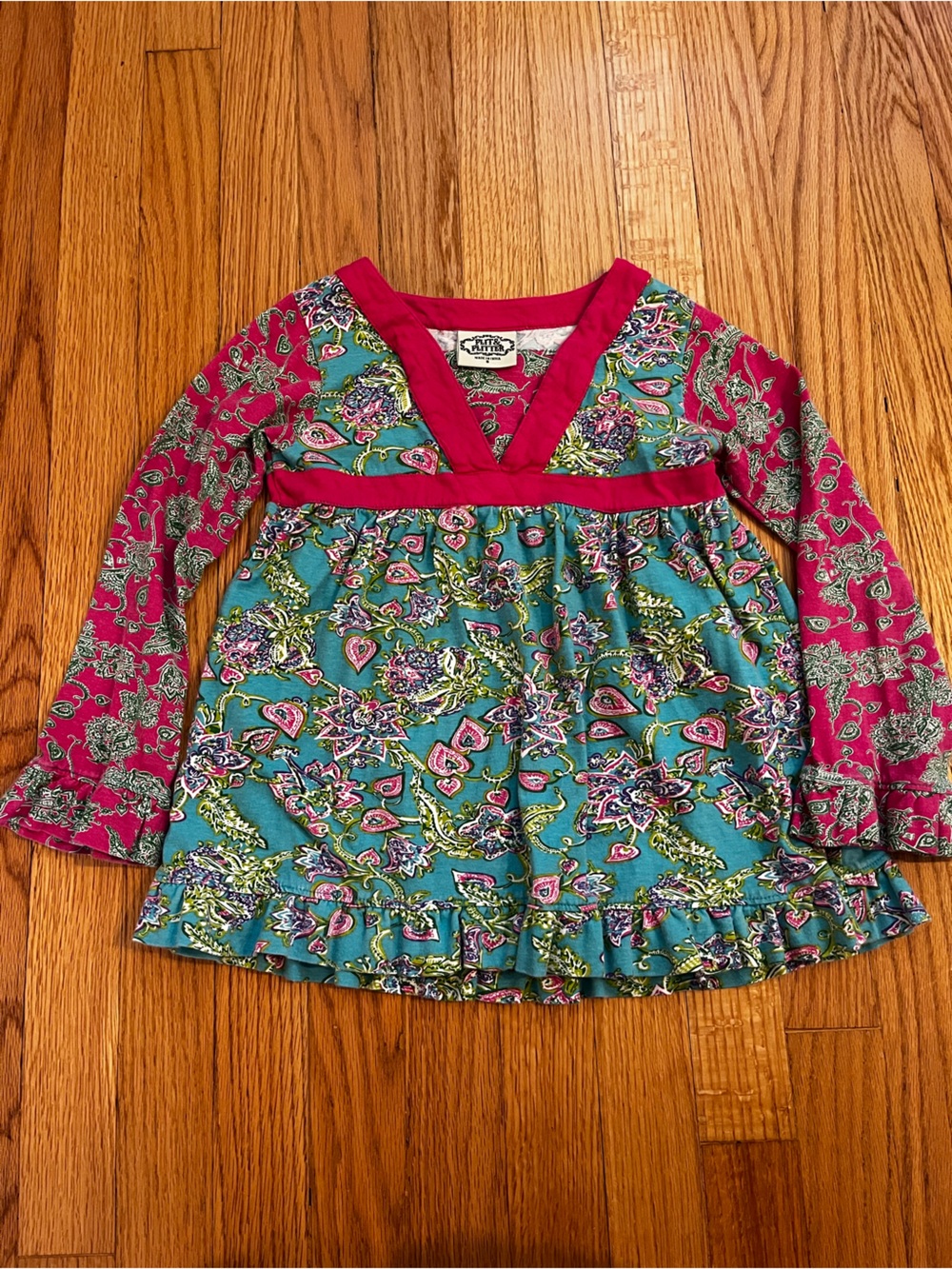 Flit & Flitter Boutique Brand Girls' Teal & Pink Floral Long-Sleeve Tunic